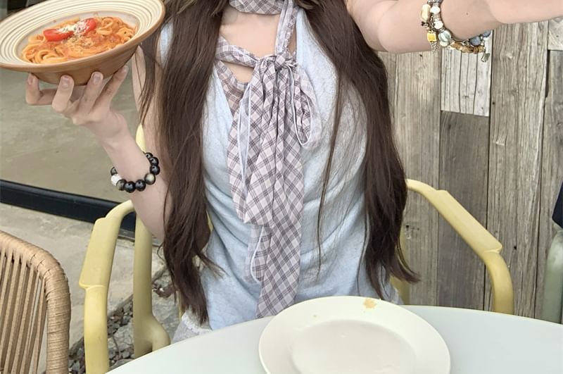 Piece Plaid Cowl Two Top Mock Sleeveless Neck