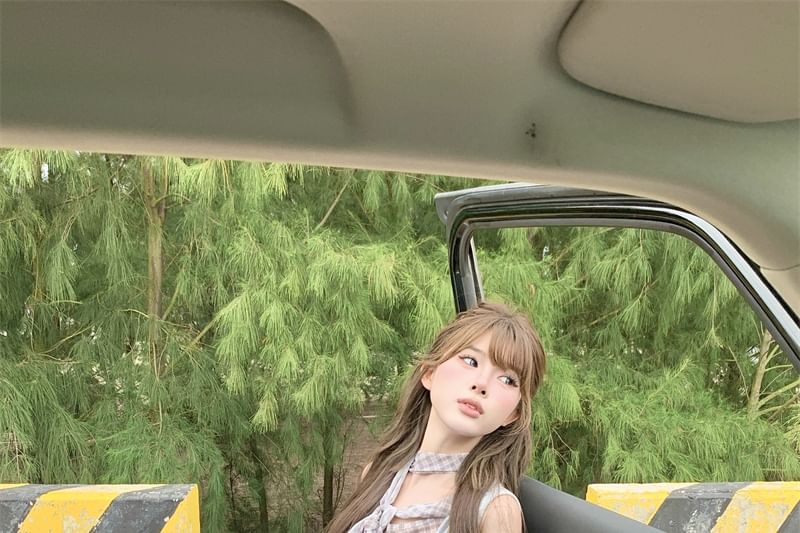 Piece Plaid Cowl Two Top Mock Sleeveless Neck