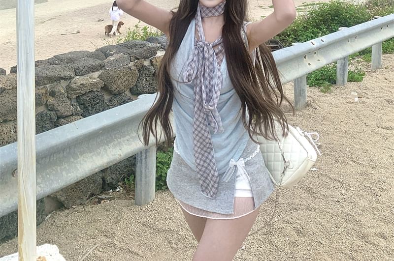 Piece Plaid Cowl Two Top Mock Sleeveless Neck