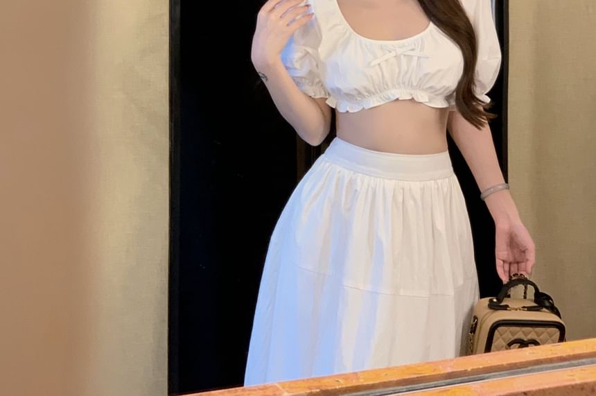 Scoop Neck Sleeveless Skirt A-Line Maxi High Plain Bow Blouse Frill Crop Rise /