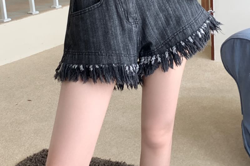 High Waist Denim Washed Shorts Fringe