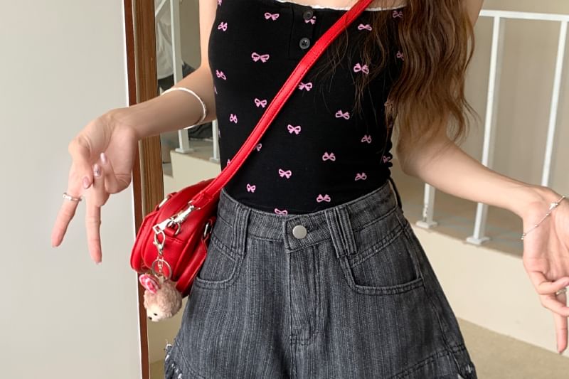 High Waist Denim Washed Shorts Fringe