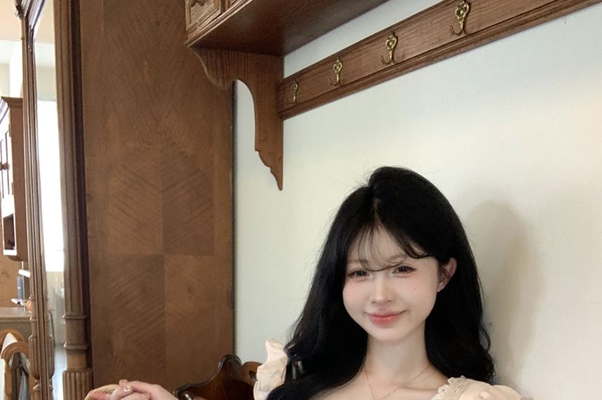 Sleeveless Lace Panel Blouse Bow Square Plain Neck Ruffle