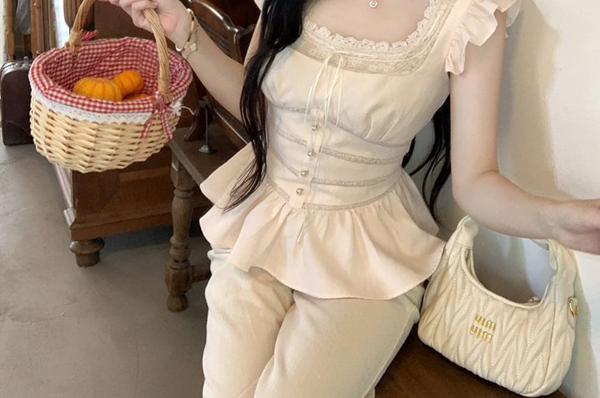 Sleeveless Lace Panel Blouse Bow Square Plain Neck Ruffle