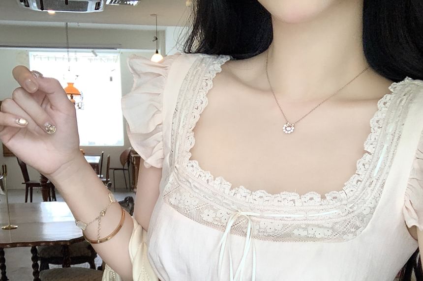 Sleeveless Lace Panel Blouse Bow Square Plain Neck Ruffle