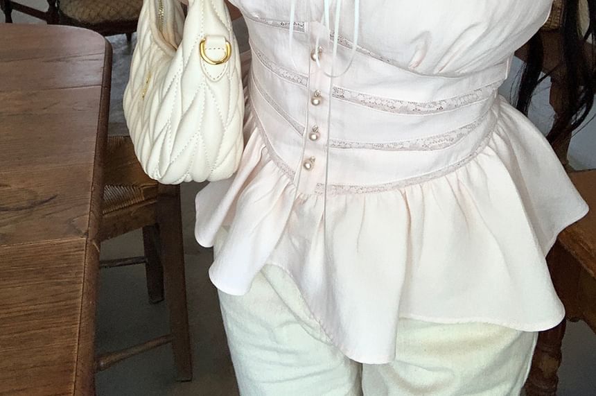 Sleeveless Lace Panel Blouse Bow Square Plain Neck Ruffle