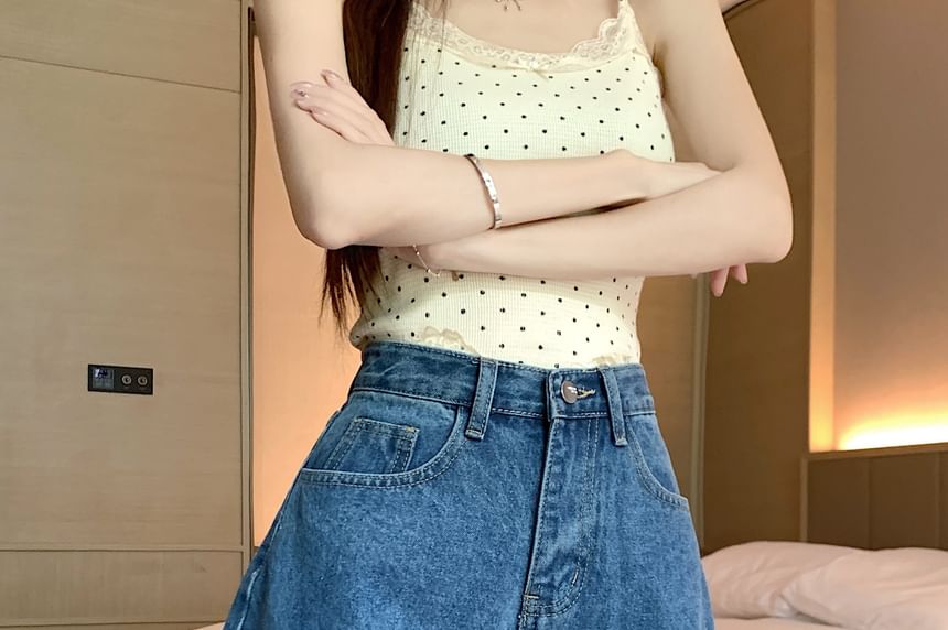Denim Washed Shorts High Dotted Waist