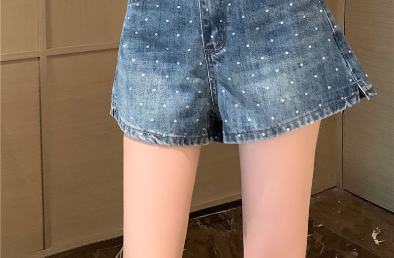 Denim Washed Shorts High Dotted Waist
