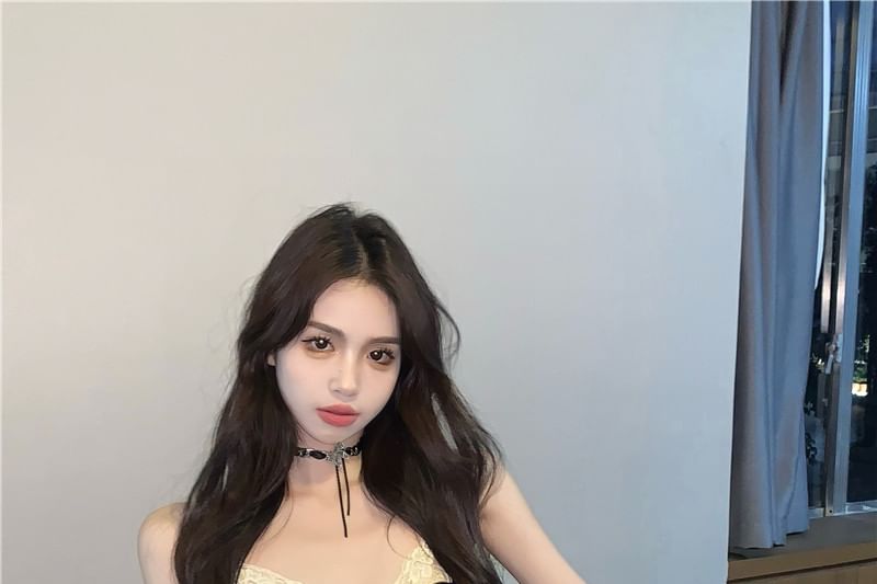 Bow Top Lace Camisole Mesh Panel