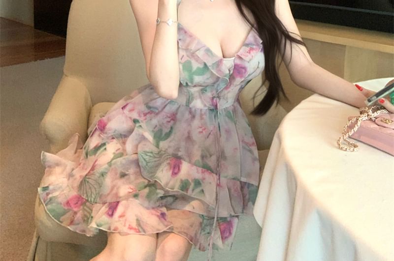 Floral Print A-Line Sleeveless Mini Ruffle Dress V-Neck