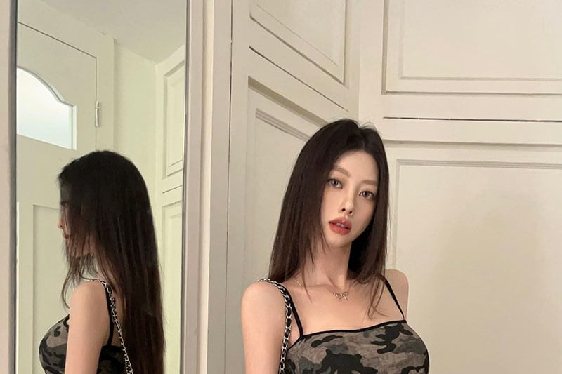 Strap Camouflage Sheath Spaghetti Dress Mini