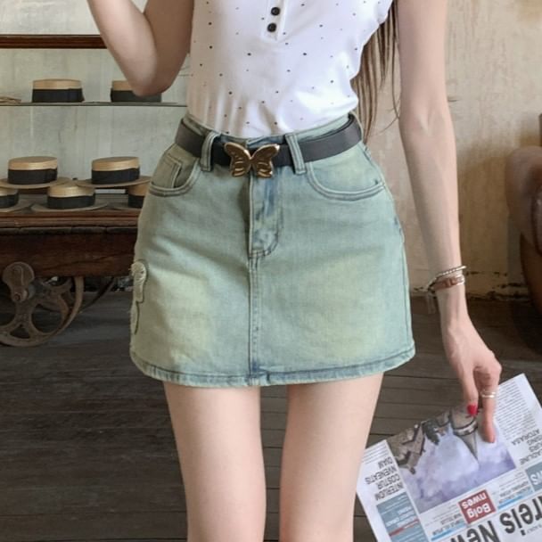 Washed Denim Skirt Butterfly High Applique A-Line Mini Rise
