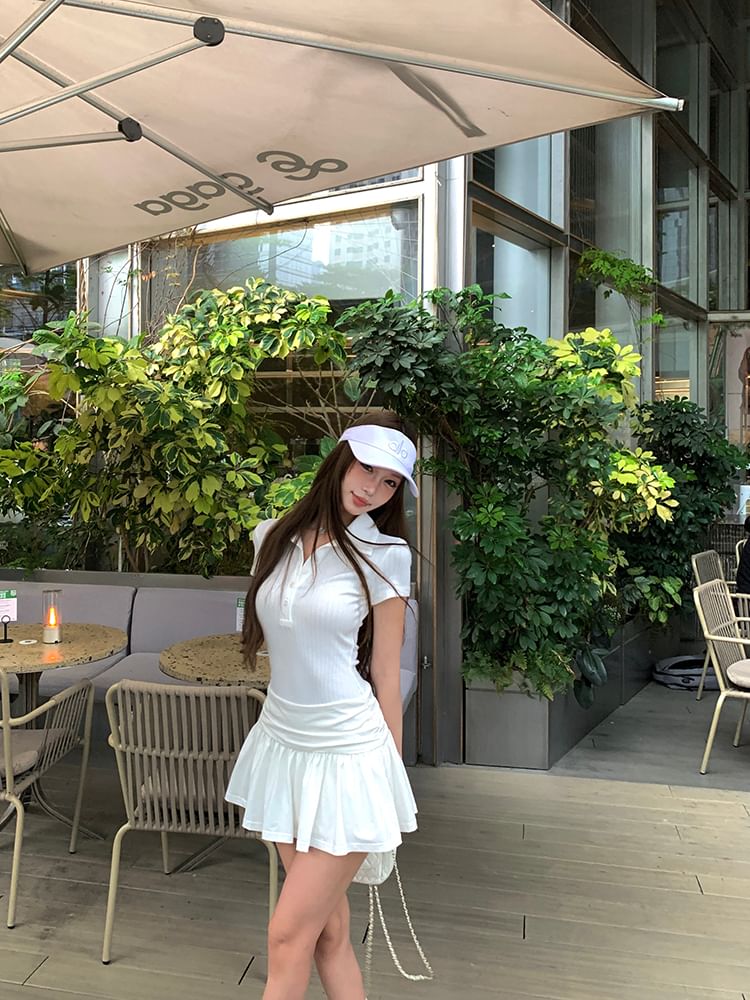 Mini Polo Ruched Sleeve Dress Plain A-Line Short