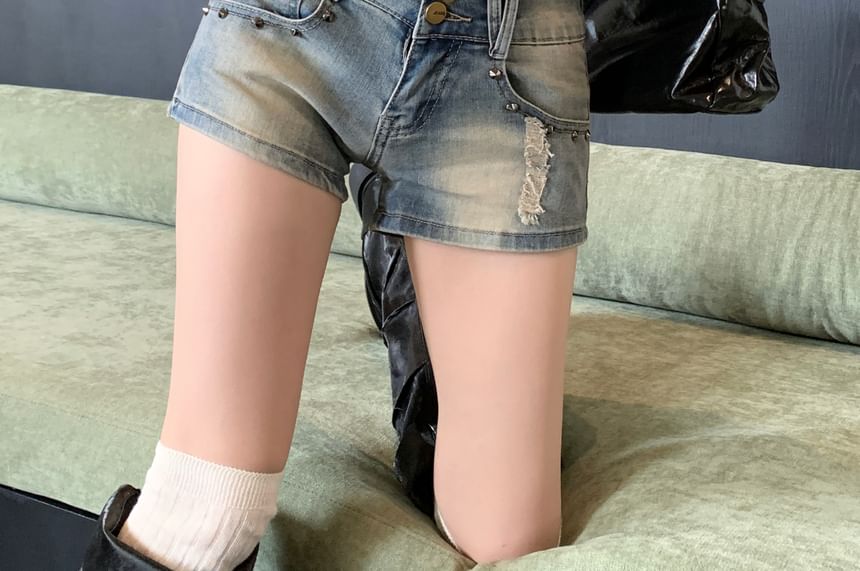 Distressed Denim Washed Studded Rise Shorts Mid