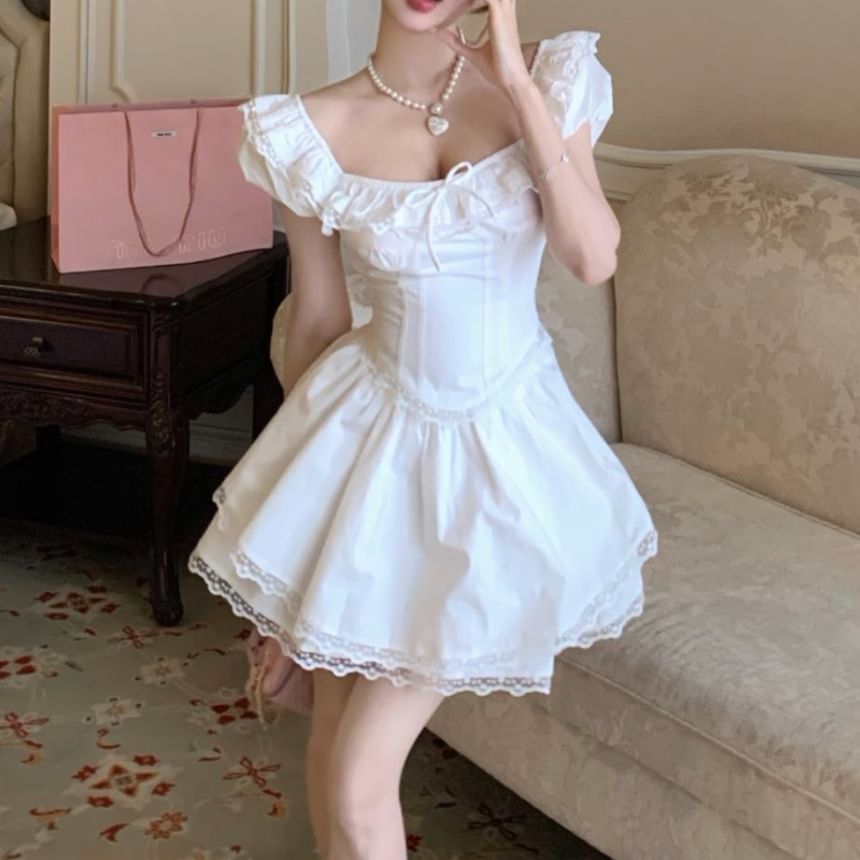 Square Ruffle / Bow Blouse Trim Cap Skirt Waist Sleeve Neck High Mini Lace Plain A-Line