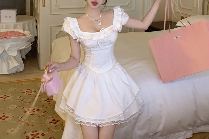 Square Ruffle / Bow Blouse Trim Cap Skirt Waist Sleeve Neck High Mini Lace Plain A-Line