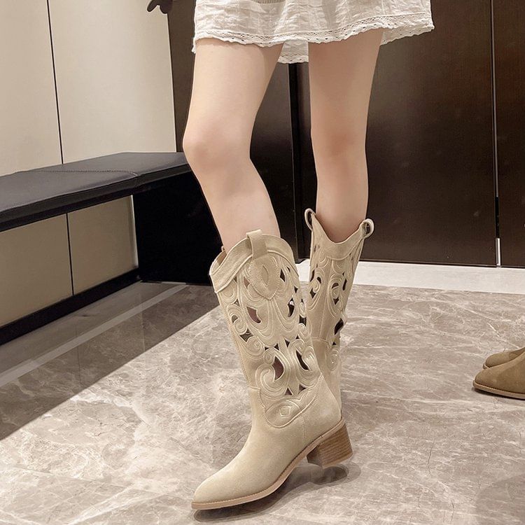 Cutout Boots Chunky Mid-Calf Embroidered Heel
