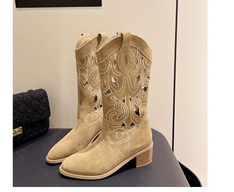 Cutout Boots Chunky Mid-Calf Embroidered Heel