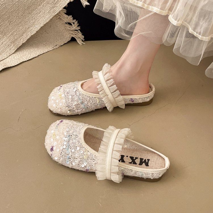 Round Toe Mary Sequin Jane Mules Mesh