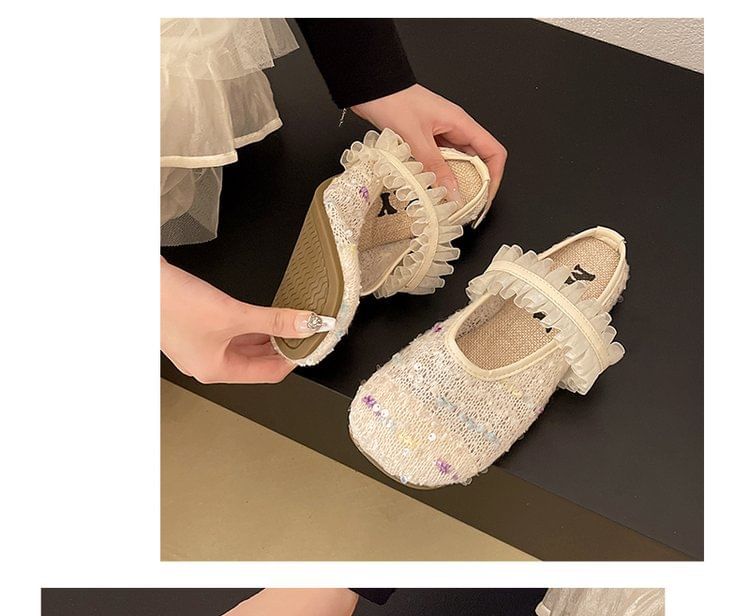 Round Toe Mary Sequin Jane Mules Mesh