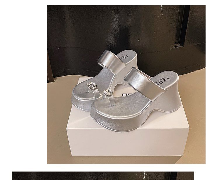Toe Platform Slide Wedge Loop Rhinestone Heel Sandals