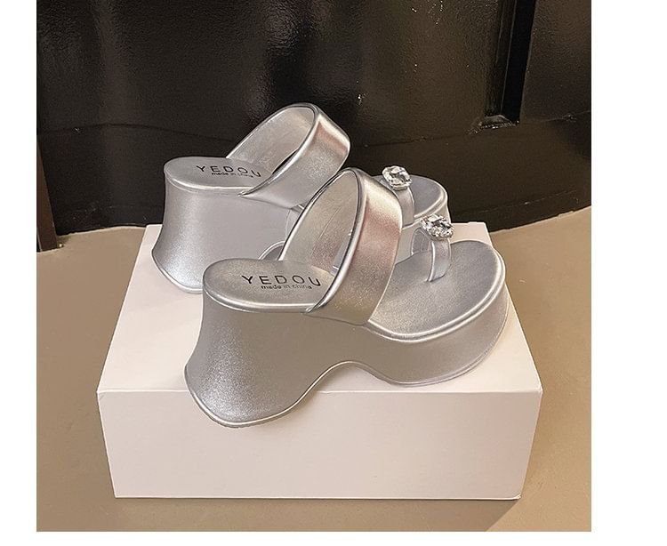 Toe Platform Slide Wedge Loop Rhinestone Heel Sandals