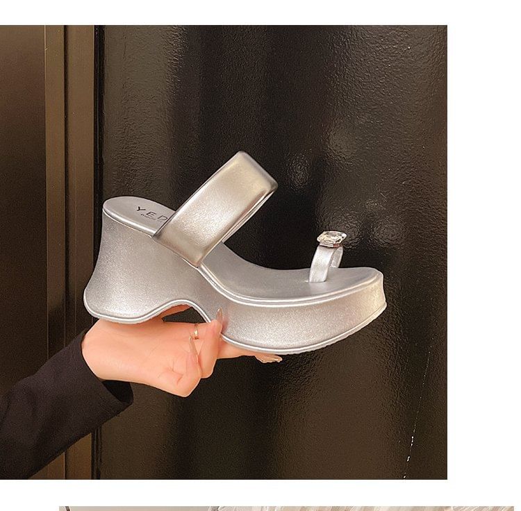 Toe Platform Slide Wedge Loop Rhinestone Heel Sandals