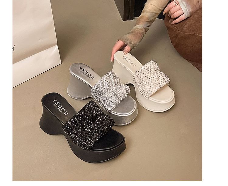 Sandals Wedge Slide Platform Heel Rhinestone