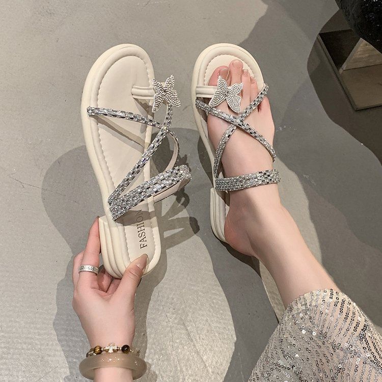 Toe Criss Sandals Slide Loop Cross Butterfly Rhinestone