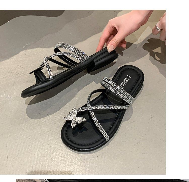 Toe Criss Sandals Slide Loop Cross Butterfly Rhinestone