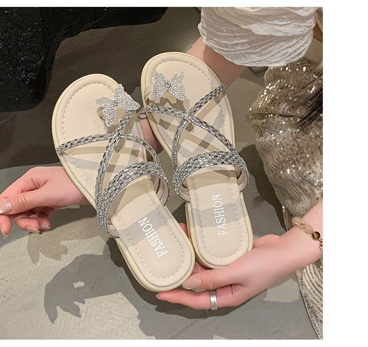 Toe Criss Sandals Slide Loop Cross Butterfly Rhinestone