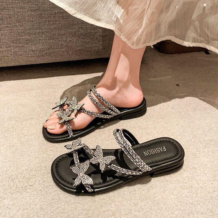 Sandals Strappy Slide Butterfly Rhinestone