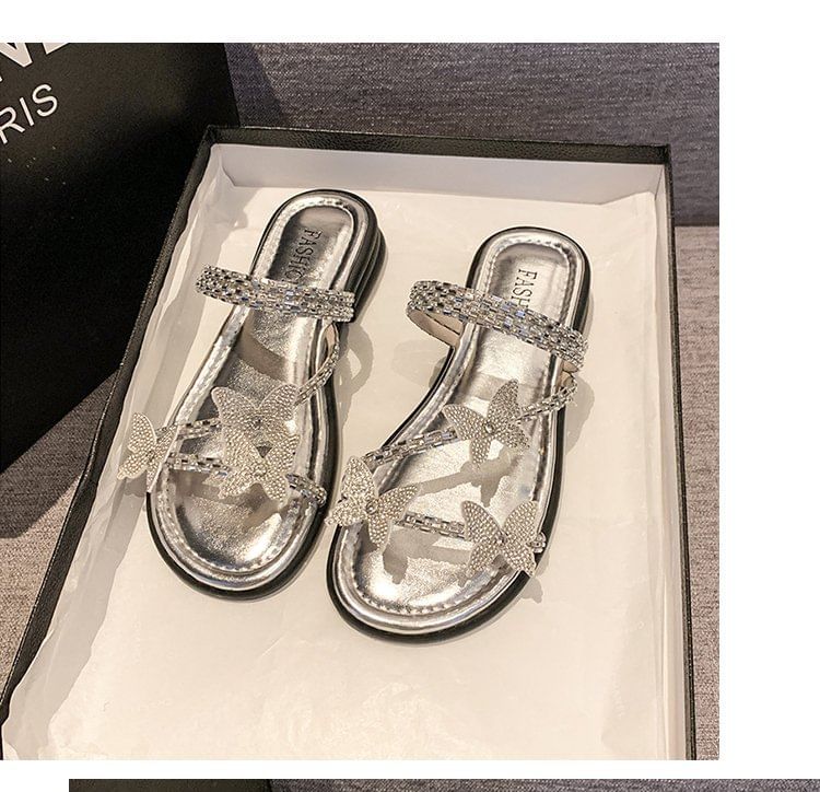 Sandals Strappy Slide Butterfly Rhinestone