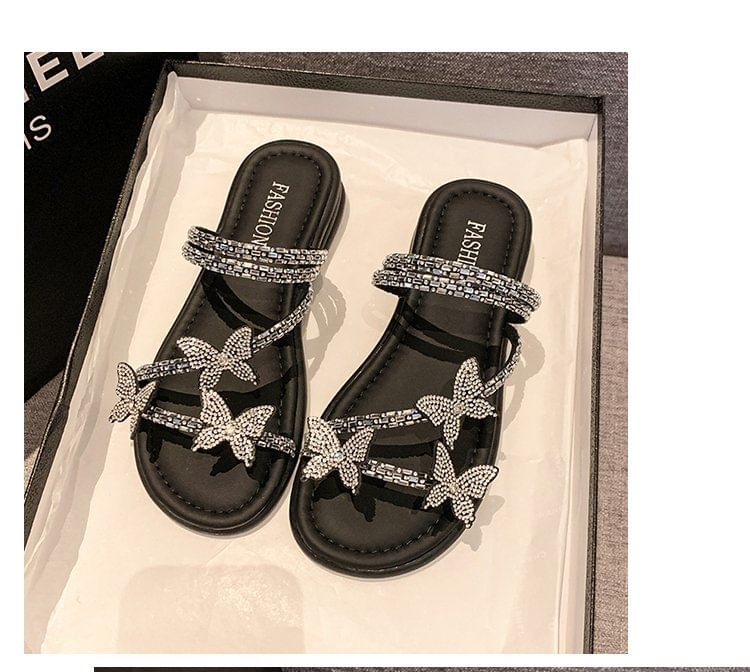 Sandals Strappy Slide Butterfly Rhinestone