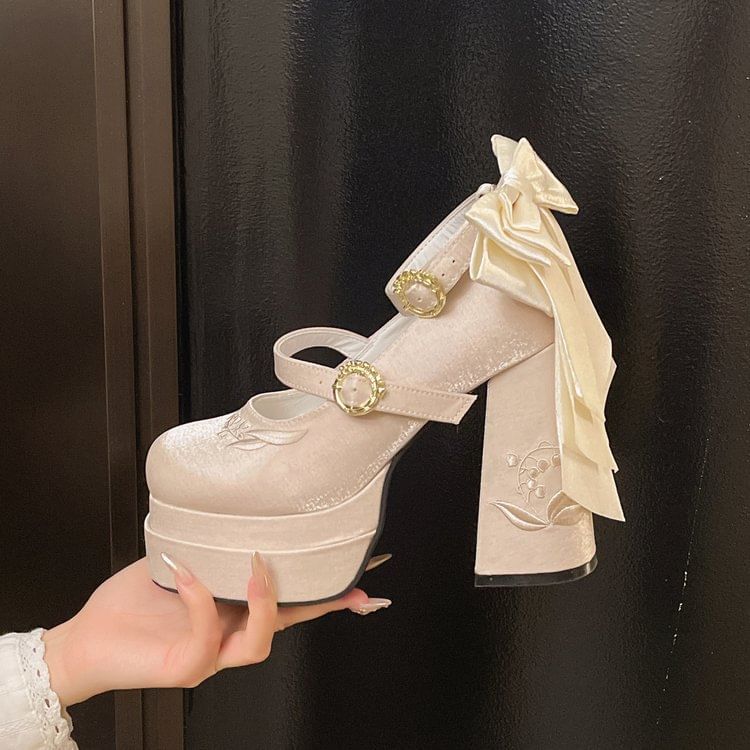 Mary Heel Bow Jane Embroidered Shoes Chunky Platform