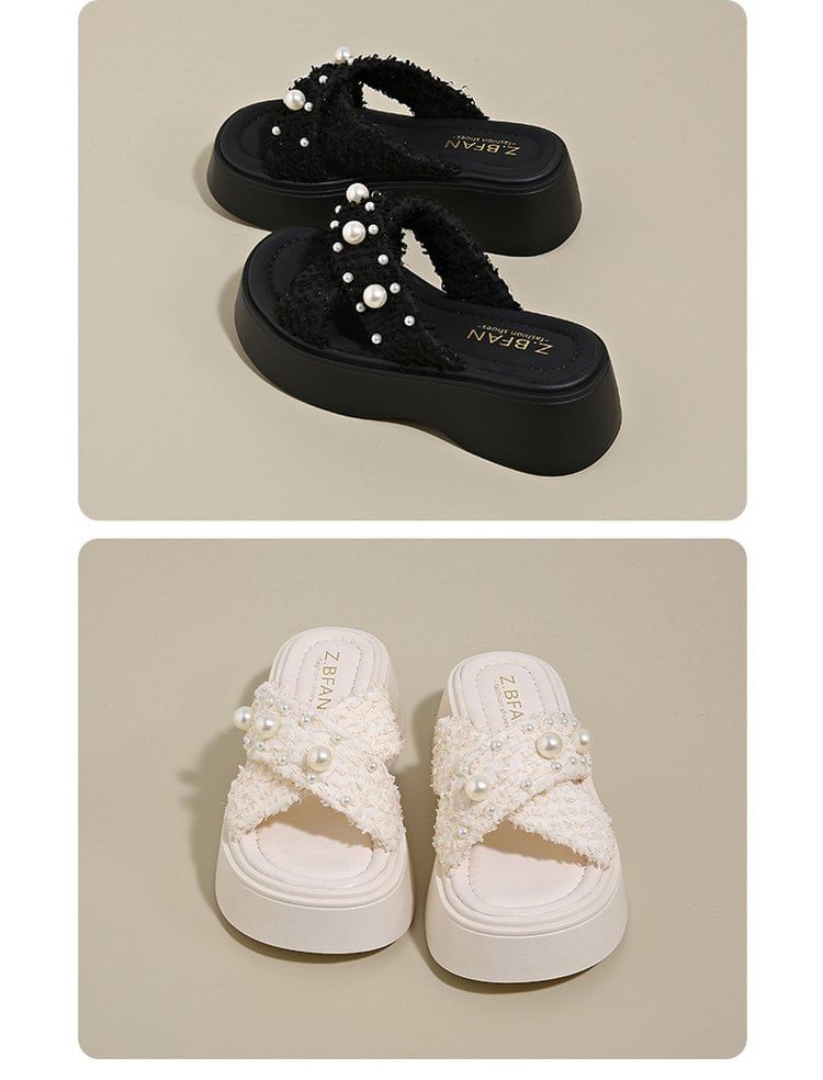 Faux Sandals Cross Pearl Criss Platform Slide