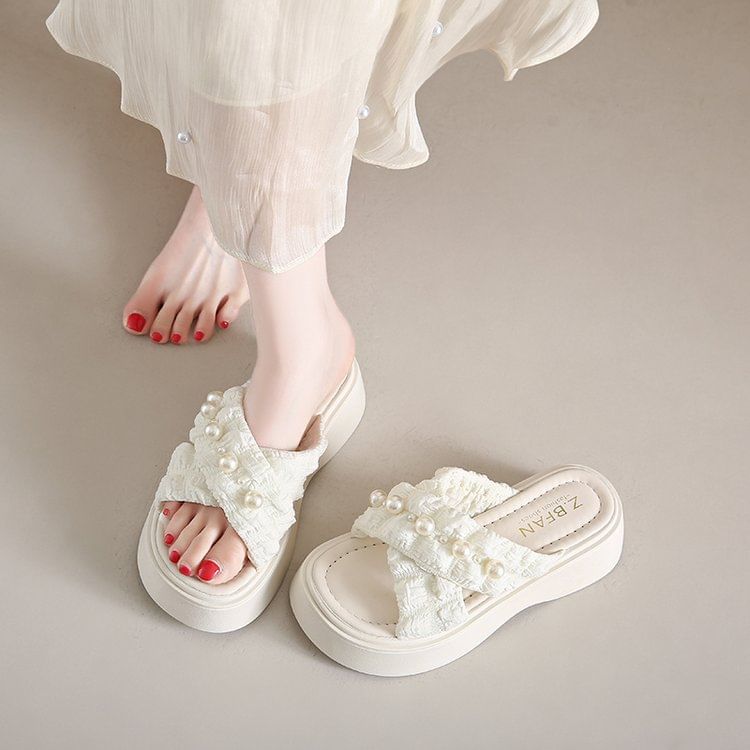 Cross Pearl Faux Slide Platform Criss Sandals