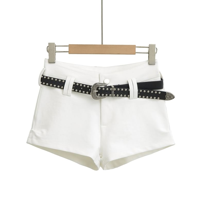 High Waist Plain Studded Belted Denim Shorts