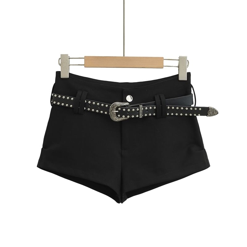 High Waist Plain Studded Belted Denim Shorts