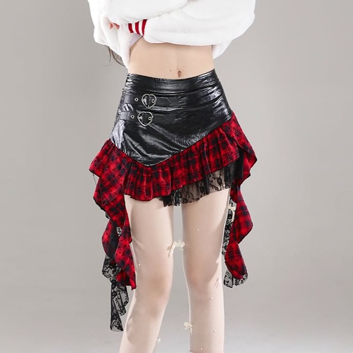 Faux Leather Lace Ruffle Mini Skirt