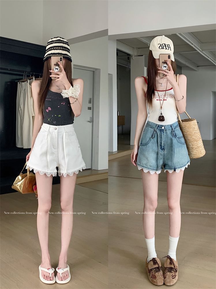 High Waist Lace Trim Washed Denim Wide Leg Shorts