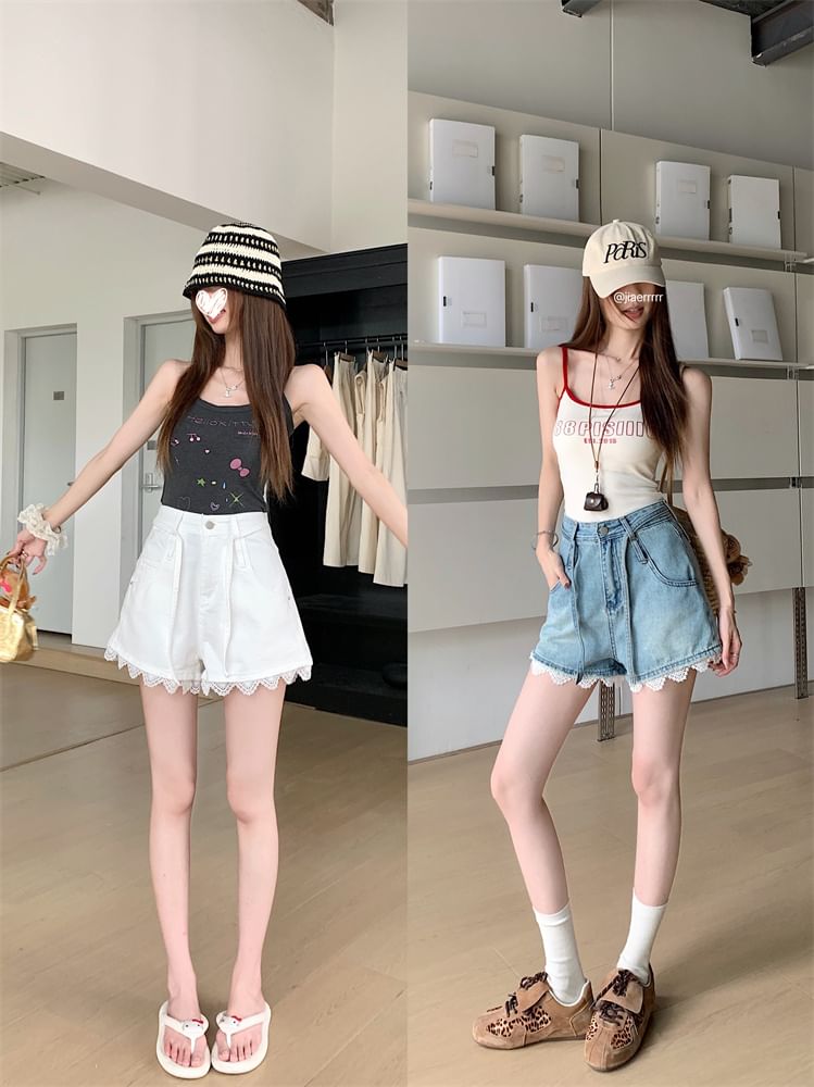High Waist Lace Trim Washed Denim Wide Leg Shorts
