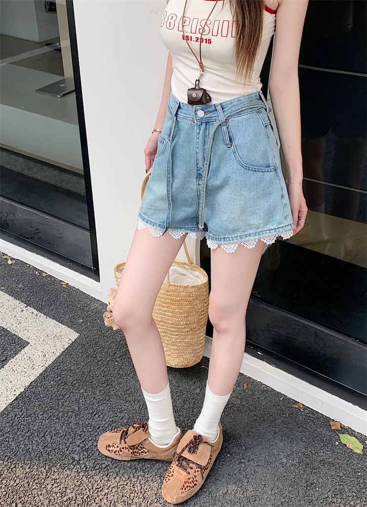 High Waist Lace Trim Washed Denim Wide Leg Shorts