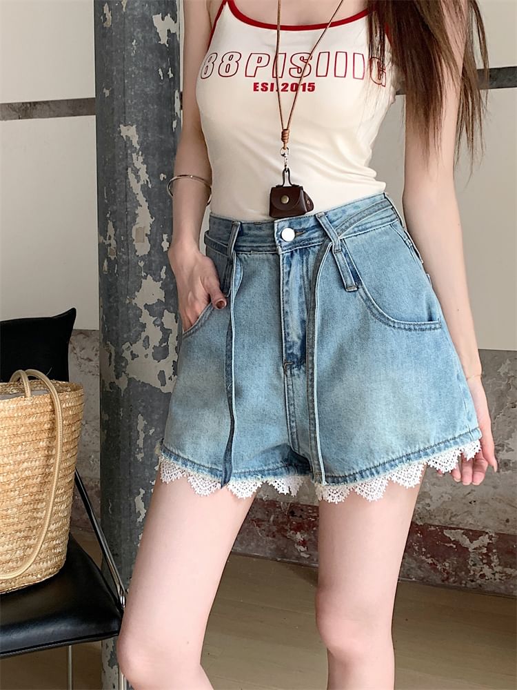 High Waist Lace Trim Washed Denim Wide Leg Shorts