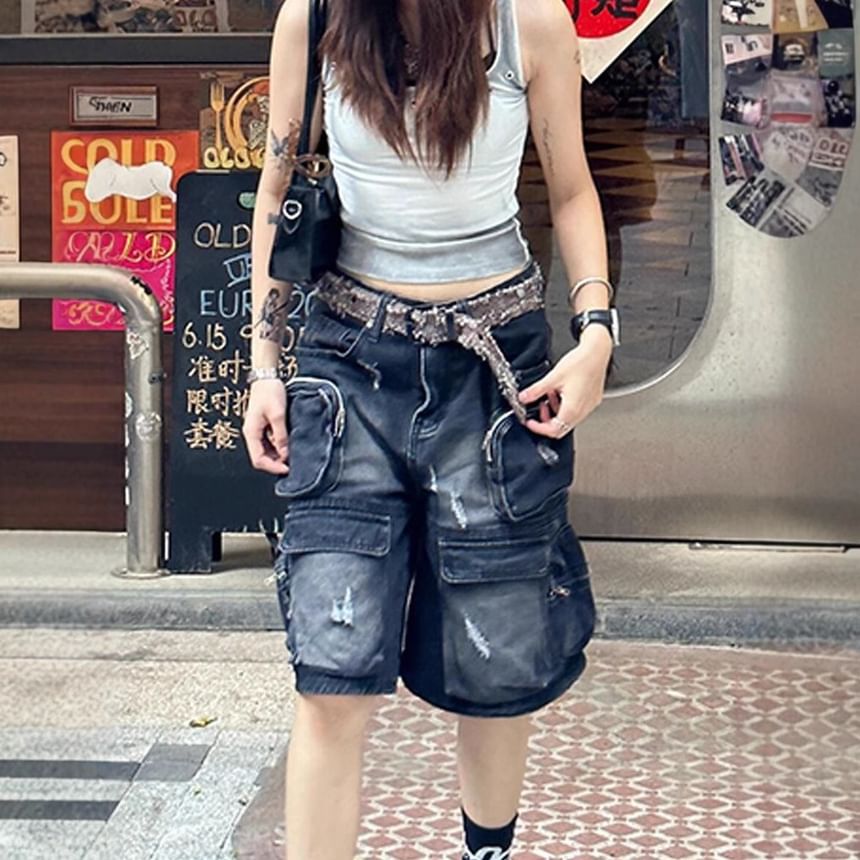 Low Rise Washed Distressed Pocket Detail Denim Shorts