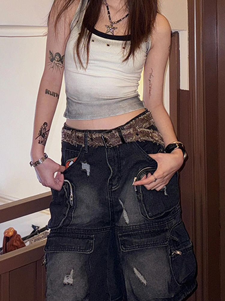 Low Rise Washed Distressed Pocket Detail Denim Shorts