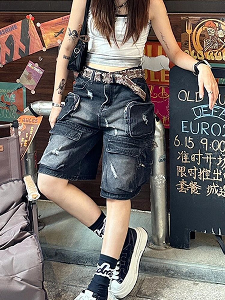 Low Rise Washed Distressed Pocket Detail Denim Shorts
