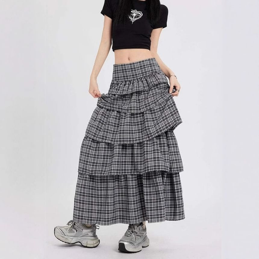 Plaid A-Line Maxi Skirt with Low Rise and Tiered Layers
