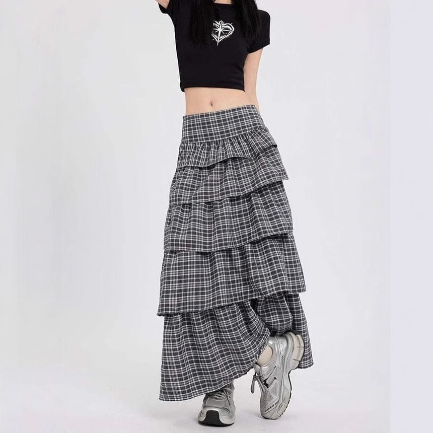 Plaid A-Line Maxi Skirt with Low Rise and Tiered Layers