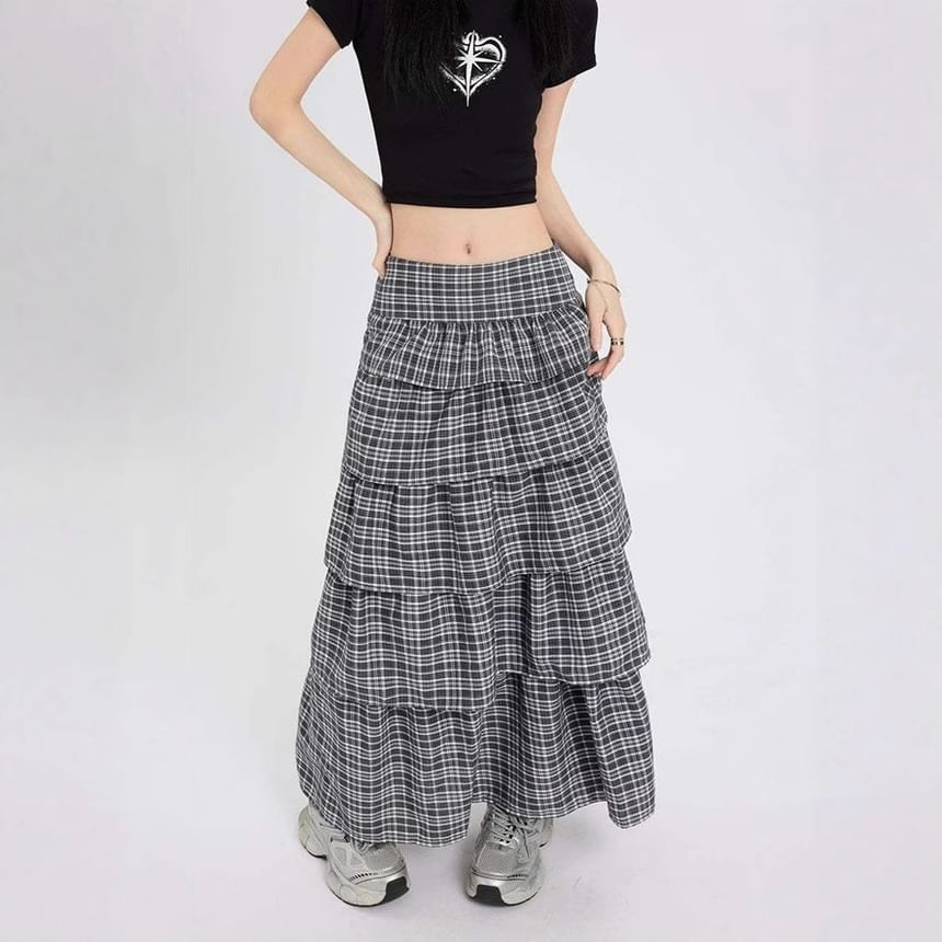 Plaid A-Line Maxi Skirt with Low Rise and Tiered Layers
